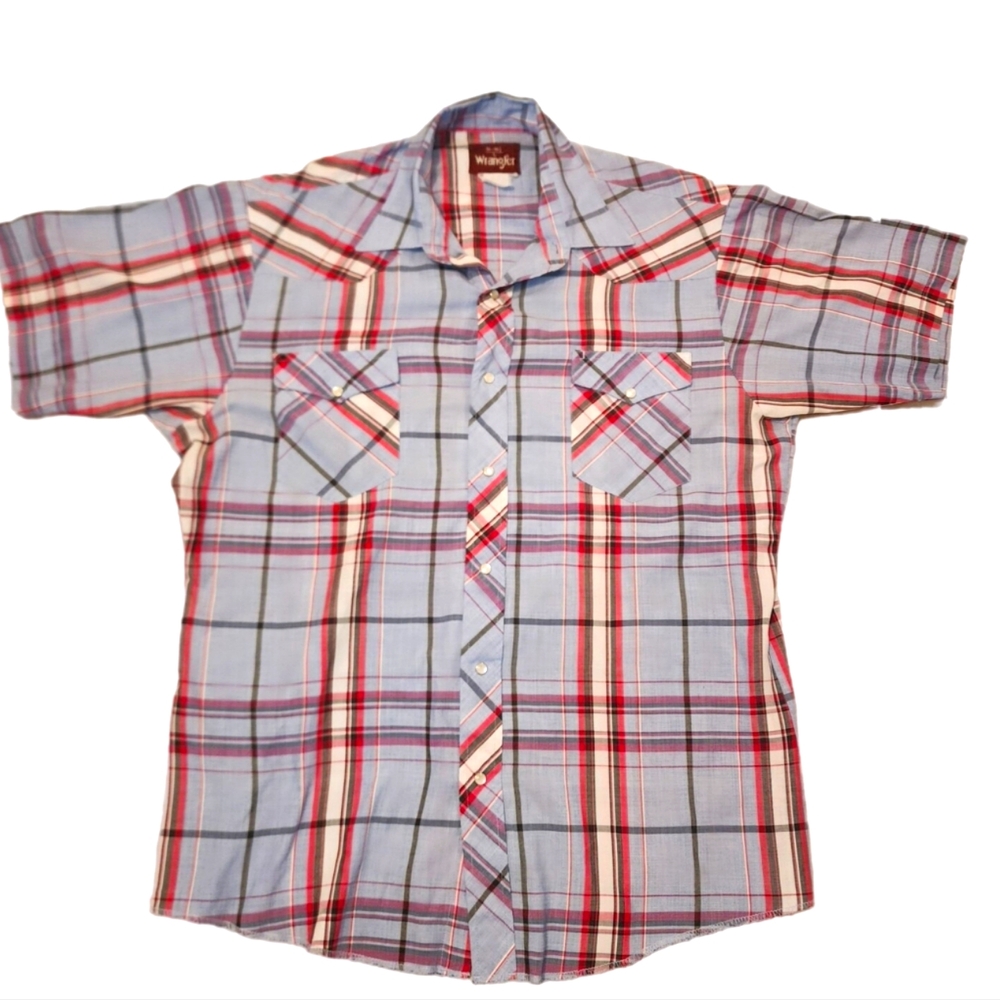 Wrangler Vintage Blue & Red Plaid Short Sleeve Button-up Tee - Size Men's Large